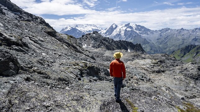 Mountaineer in rocky mountain landscape at the Col du Louvie, view of the summit of the Grand Combine, Valais Alps, Val de Bagnes, Valais, Switzerland