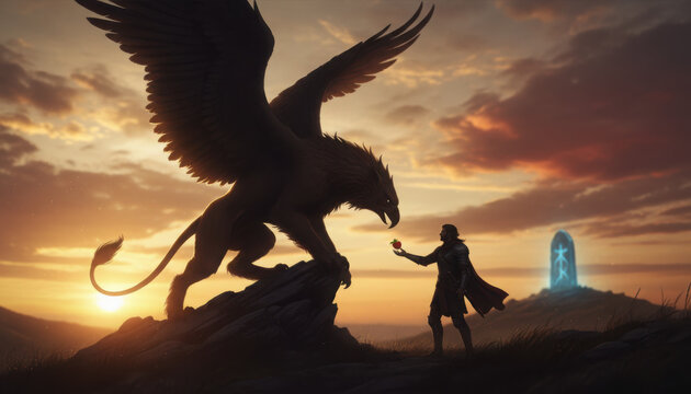 Cinematic digital illustration of a brave warrior offering a piece of fruit to a massive griffin silhouette against a glowing sunset sky with a mystical runestone in the distance.