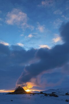 Mud pot with steam source at sunrise, Hverir solfataras field, fumaroles, snow-covered geothermal area, Northern Iceland Eyestra, Iceland