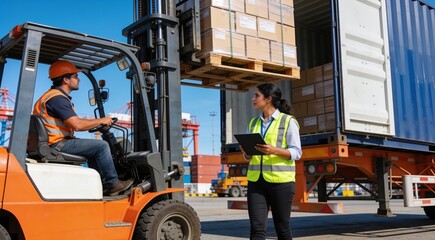 Naklejka premium Forklift Driver Loading a Shipping Cargo Container with a Full Pallet with Boxes in Logistics Port Terminal. Latin Female Industrial Supervisor and Safety Inspector with Tablet Managing the Process.