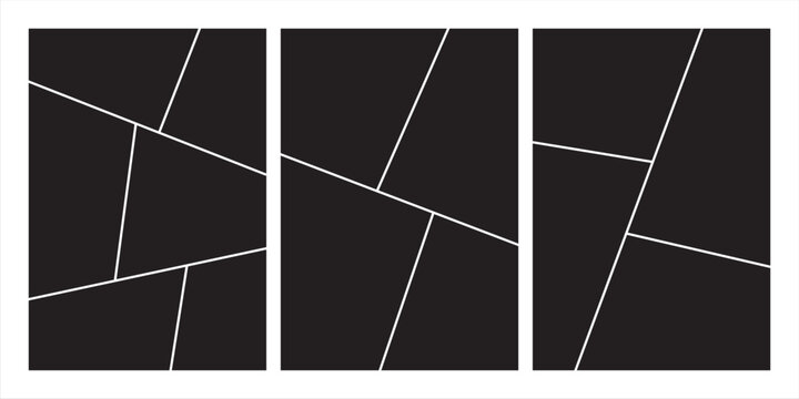 Abstract geometric triptych photo collage template with white frames on black background