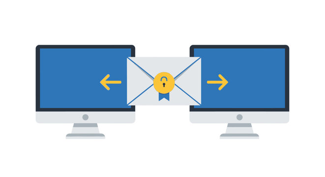 Secure Email Communication and Data Privacy Illustration: Encrypted Message Transfer Between Desktop Computers with Lock Icon