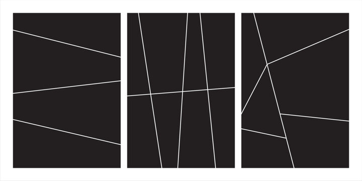 Abstract geometric triptych photo collage template with white frames on black background