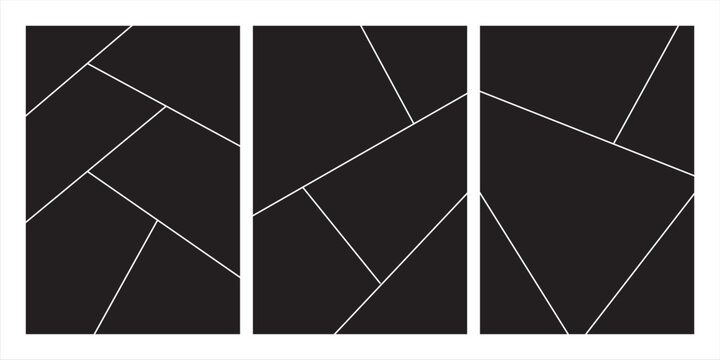 Abstract geometric triptych photo collage template with white frames on black background