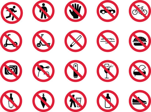 Large collection of vector prohibition sign icons with red forbidden circles for restricted areas, public regulations, and rules