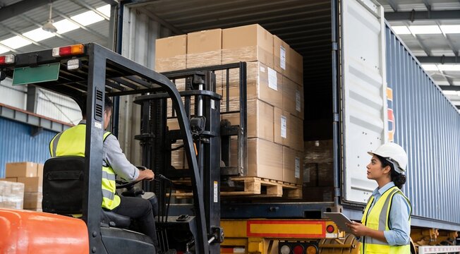 Industrial logistics team coordinating container loading with forklift and supervisor