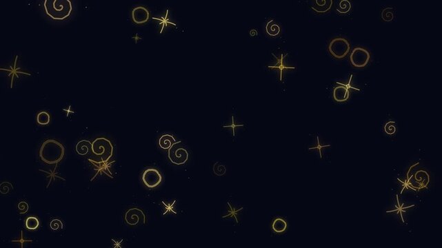 Golden Hand Drawn Scribbles and Glowing Stars Floating on Dark Background