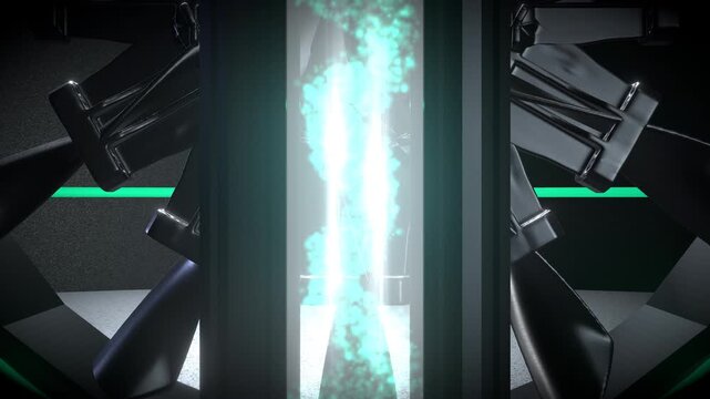 Horizontal parallax dolly sweeping past a Eco-friendly decarbonization turbine featuring a glowing green and cyan clean tech.