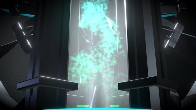 Aggressive camera tilt focusing on a Eco-friendly decarbonization turbine featuring a glowing green and cyan clean tech reactor.