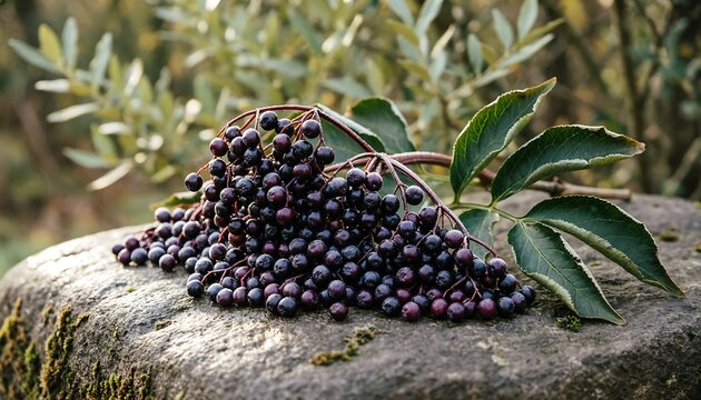 A close-up view of fresh black lace elderberry clusters resting on a rustic stone surface surrounded by lush green foliage in an outdoor garden setting.