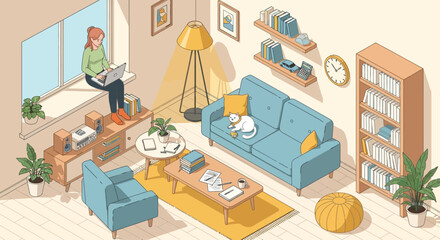 Fototapeta premium Woman working on laptop in modern home living room, remote work concept, interior design