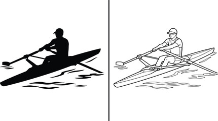Rowing Boat Silhouette and Outline Illustration Set with a Single Sculler in Action on the Water © Jebiner
