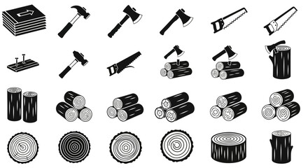Black and white woodcutter tools and logs, forestry and woodworking concept, background © Art