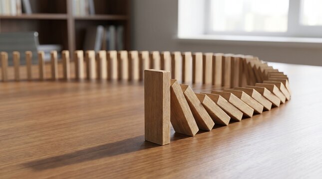A row of light brown wooden domino blocks falling in a sequence on wooden surface