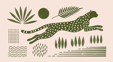 Green cheetah illustration with tropical leaves and patterns, modern design concept © Art