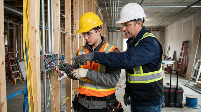 Professional electrician and apprentice installing electrical wiring inside a wall frame wearing bright safety vests