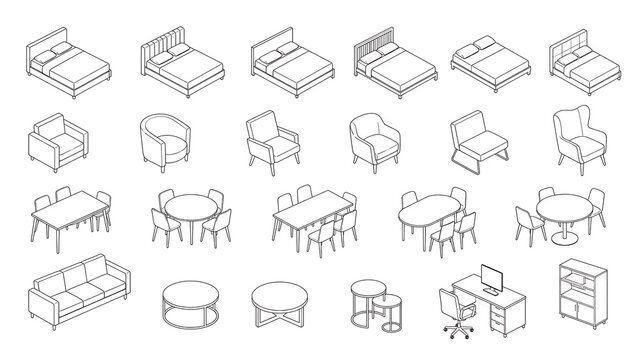 Isometric furniture line icons set, 24 modern interior design elements, minimalist home decor sketches for floor plan architectural visualization isolated on White Background ai