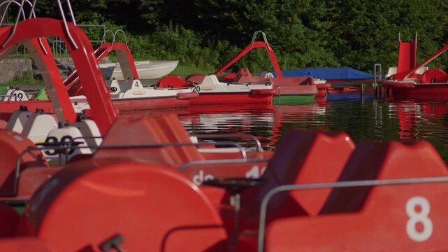 Rote Tretboote am Ufer eines Sees an einem sonnigen Sommertag, Freizeitboote zur Erholung und f&uuml;r Ausfl&uuml;ge auf dem Wasser, umgeben von gr&uuml;ner Natur.