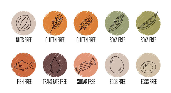 Food allergen icons, free from labels, dietary restrictions symbols, health food concept, background