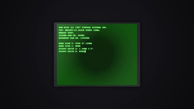 Retro computer terminal showing vintage bios boot sequence on screen