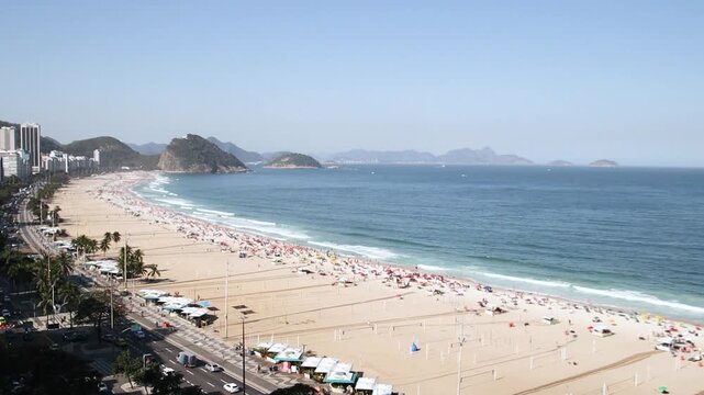 Panoramic high angle view of crowded Copacabana beach and Atlantic ocean in Rio de Janeiro
