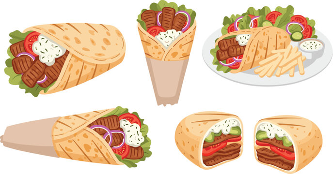Set of traditional doner kebab gyro wrap shawarma and pita sandwich vector illustrations with fresh vegetables