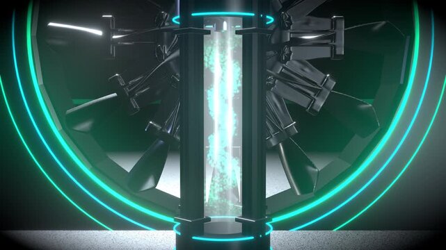 Smooth 360 degree rotation highlighting a Eco-friendly decarbonization turbine featuring a glowing green and cyan clean tech.