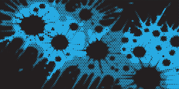Abstract blue and black halftone dot pattern background with ink splash and liquid splatter effects.