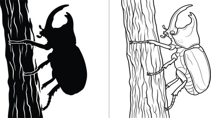 Rhinoceros Beetle Climbing Tree Trunk with Black Silhouette and Detailed Outline Versions for Comparison. © Jebiner