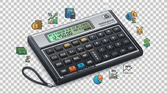 Calculator displays financial calculations with various symbols showing currency and investment metrics in a workspace setting