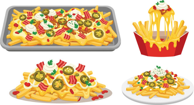 Vector illustration of loaded cheese fries topped with jalape&ntilde;os, bacon, sour cream, parsley garnish, and melted cheese