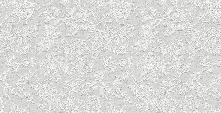 A rough, light gray stucco-like texture featuring a delicate, raised white floral and leaf line-art pattern.