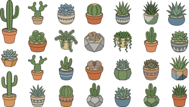 Collection of small stylized potted plants featuring varieties of cactus and decorative succulent vectors isolated on white background