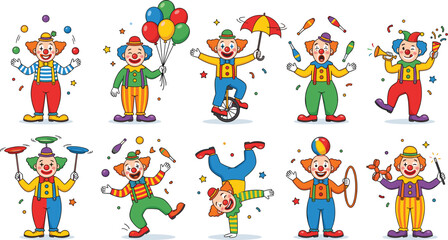 Fototapeta premium Vector icon collection of cheerful circus clowns performing entertaining tricks juggling spinning plates and balancing on unicycle over white background