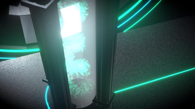 Macro focus on the optical distortion of a Eco-friendly decarbonization turbine featuring a glowing green and cyan clean tech.