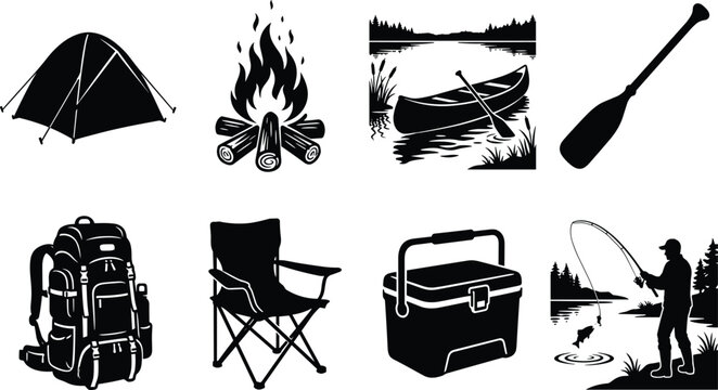 Vector Icons Set of Camping Equipment and Outdoor Adventure Essentials for Fishing and Hiking