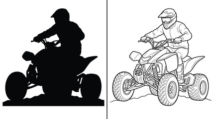 Quad Bike Racing Vector Art with a Person Riding a Fast Atv on Rugged Terrain, Including a Silhouette Version. © Jebiner