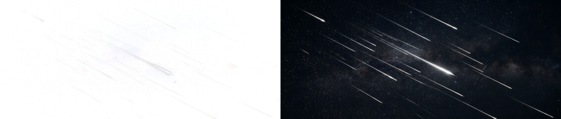 Meteor shower across deep galaxy sky for cinematic cosmic backgrounds and PNG, Transparent and Black Background Versions © Tanay