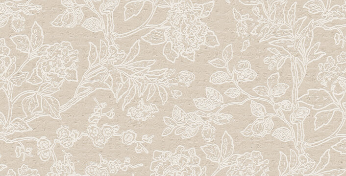 A textured, tan and beige stucco background decorated with a contrasting, raised white floral line-art motif.