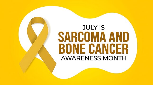 July is Sarcoma and Bone Cancer Awareness Month with yellow ribbon symbol for support and health care awareness month background.