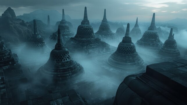 Dramatic view of ancient temple stupas shrouded in thick fog.