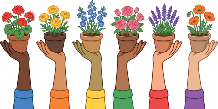 Diverse Hands Holding Colorful Potted Flowers Set with Geranium, Marigold, Rose, and Lavender for Garden Designs
