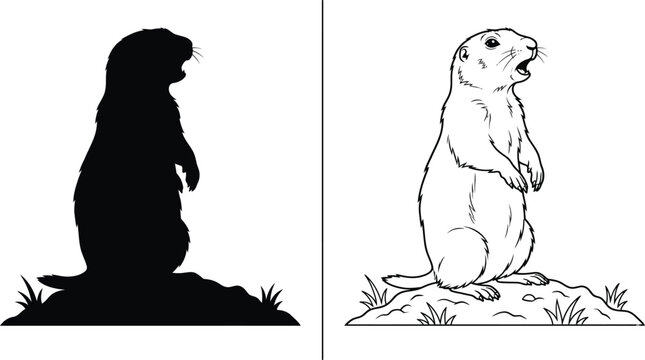 Prairie Dog Animal Standing Silhouette and Outline Illustration on a Small Mound of Dirt with Grass Details.