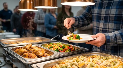 Obraz premium Person serving food from buffet line, taking chicken and vegetables on plate, catering event with variety of dishes, people queuing for meal, close-up on food.
