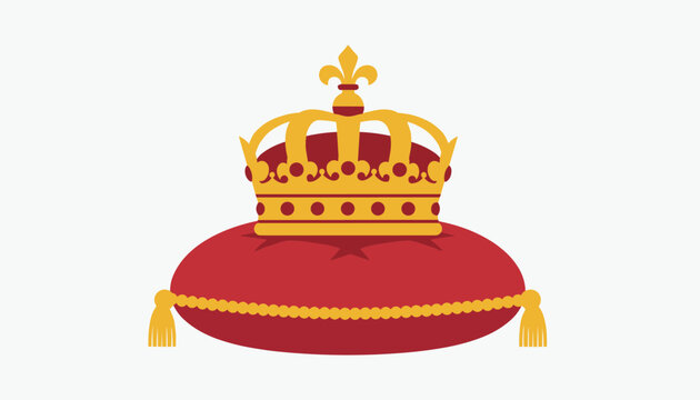 Golden royal crown resting on a plush red velvet cushion with gold tassels, symbolizing monarchy and royal status.