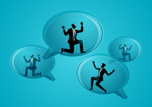 Business Communication Problem Concept, Employees Trapped Inside Speech Bubbles, Communication Barrier, Miscommunication Illustration