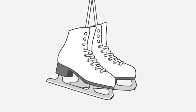 Pair of white ice skates with laces hanging from a string, drawn in a simple, clean, and classic graphic line art style.