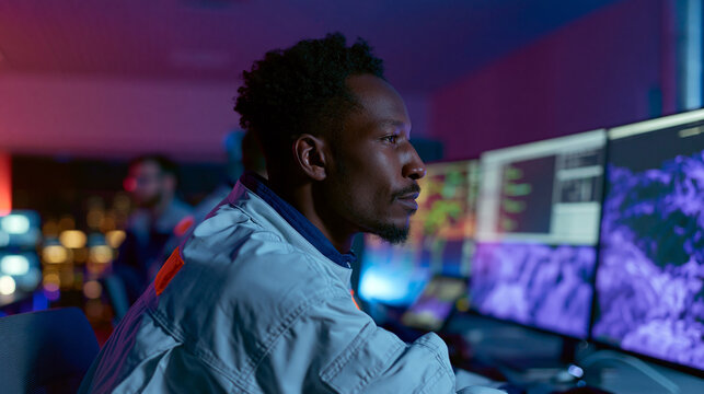 Young african-american man sitting in front of multiple computer monitors in a gaming room. he is wearing a white jacket and has a serious expression on his face.