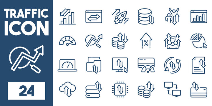 Traffic web icons in line style. Hosting, traffic control, connection, cloud data, local network, download.