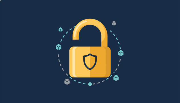 Gold padlock with an open shackle, encircled by floating cubes on a dark blue background, symbolizing security, blockchain, or encryption.